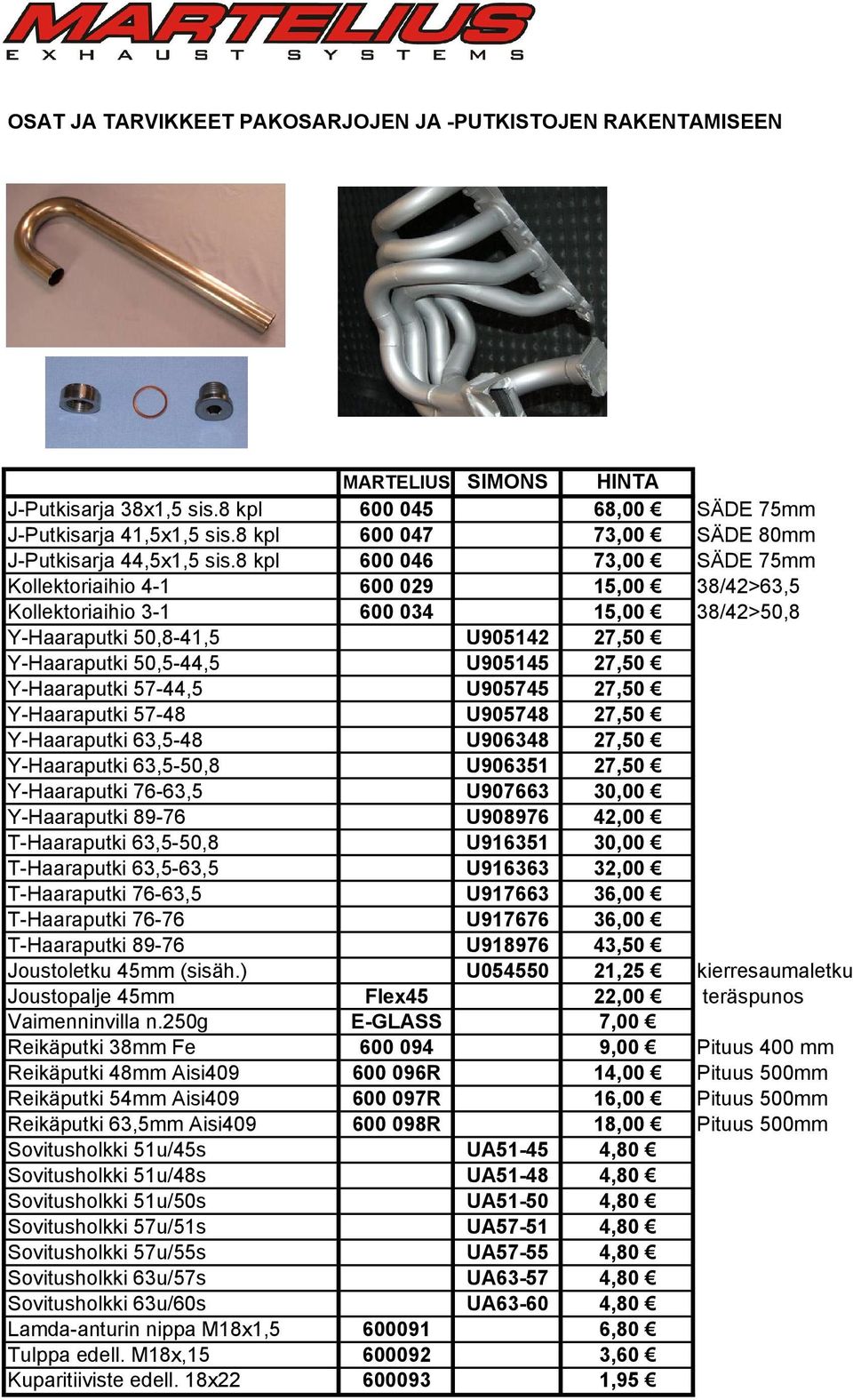 8 kpl 600 046 73,00 SÄDE 75mm Kollektoriaihio 4-1 600 029 15,00 38/42>63,5 Kollektoriaihio 3-1 600 034 15,00 38/42>50,8 Y-Haaraputki 50,8-41,5 U905142 27,50 Y-Haaraputki 50,5-44,5 U905145 27,50