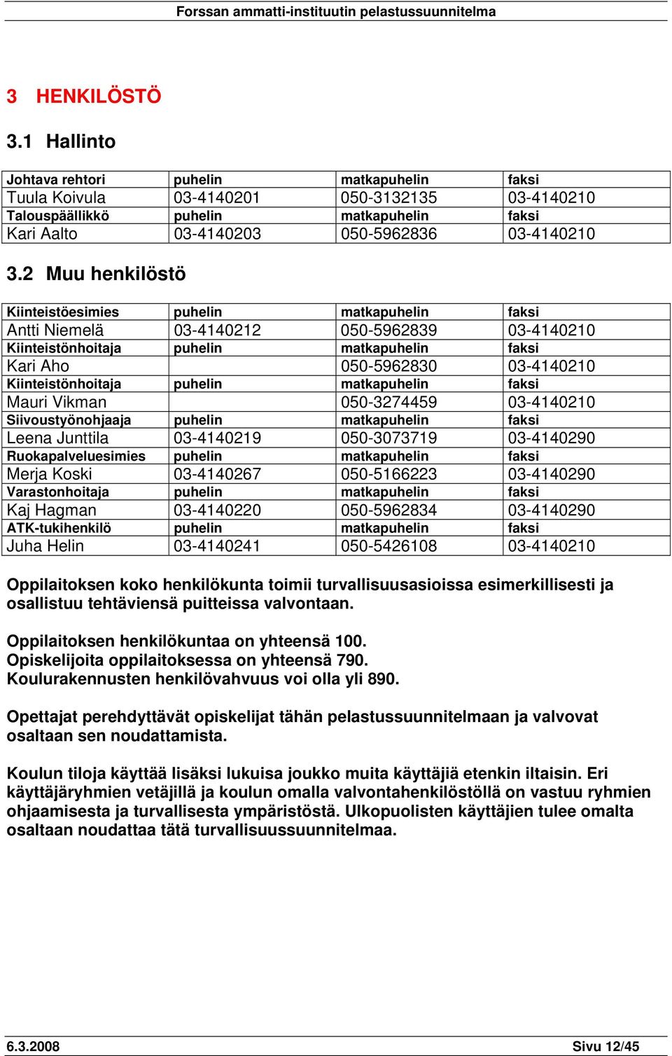 2 Muu henkilöstö Kiinteistöesimies puhelin matkapuhelin faksi Antti Niemelä 03-4140212 050-5962839 03-4140210 Kiinteistönhoitaja puhelin matkapuhelin faksi Kari Aho 050-5962830 03-4140210