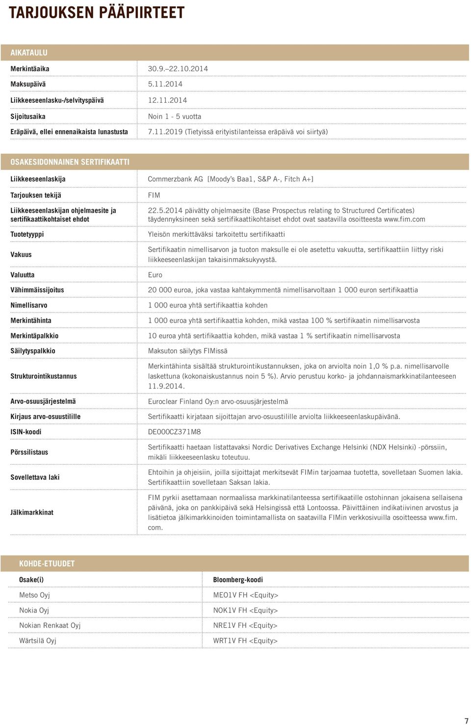 Tuotetyyppi Vakuus Valuutta Vähimmäissijoitus Nimellisarvo Merkintähinta Merkintäpalkkio Säilytyspalkkio Strukturointikustannus Arvo-osuusjärjestelmä Kirjaus arvo-osuustilille ISIN-koodi