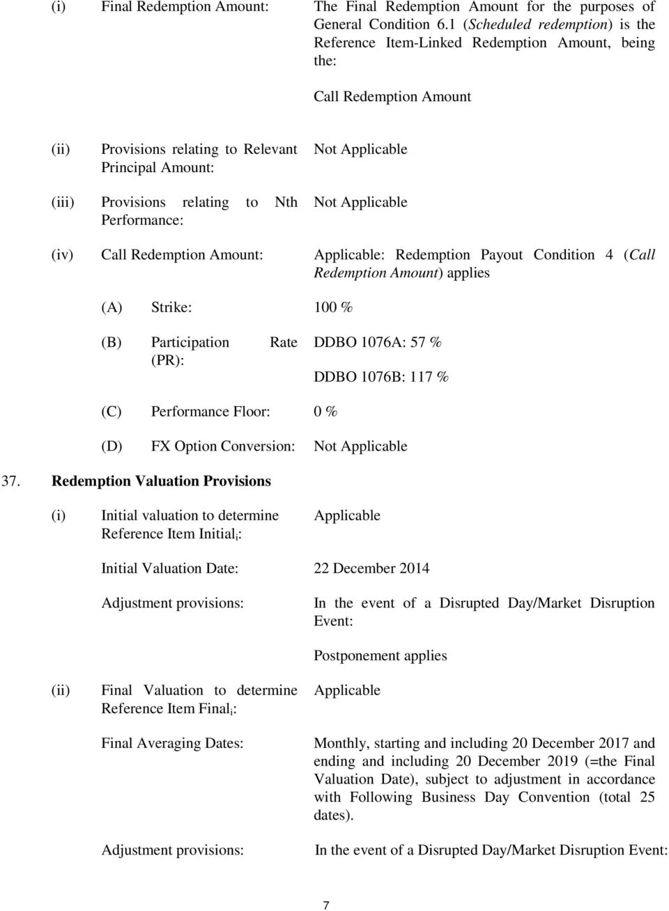 relating to Nth Performance: Not Applicable (iv) Call Redemption Amount: Applicable: Redemption Payout Condition 4 (Call Redemption Amount) applies (A) Strike: 100 % (B) Participation Rate (PR): DDBO