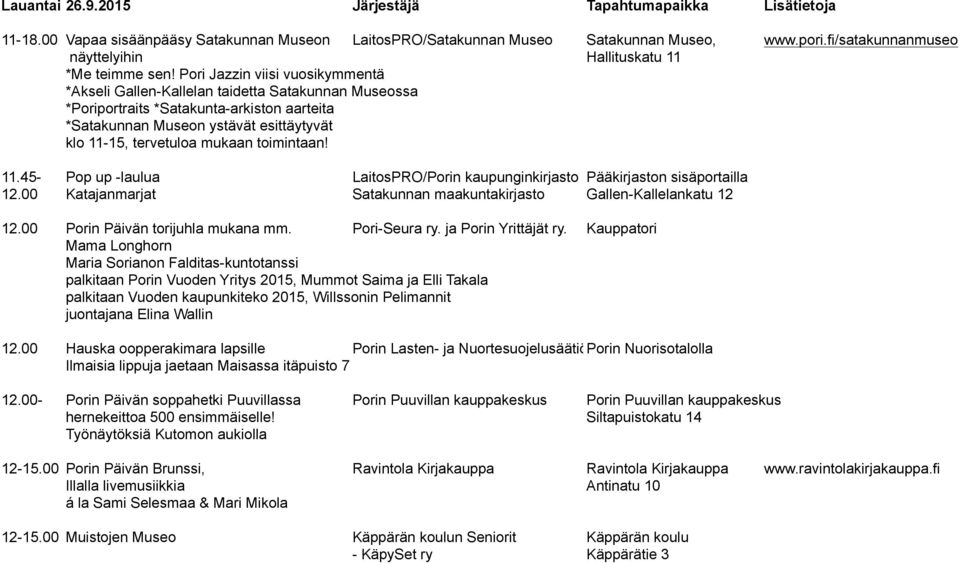 Pori Jazzin viisi vuosikymmentä *Akseli Gallen-Kallelan taidetta Satakunnan Museossa *Poriportraits *Satakunta-arkiston aarteita *Satakunnan Museon ystävät esittäytyvät klo 11-15, tervetuloa mukaan