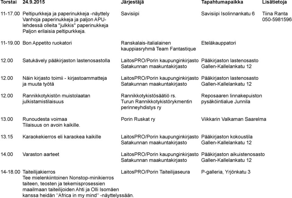 peltipurkkeja. 11-19.00 Bon Appetito ruokatori Ranskalais-italialainen Eteläkauppatori kauppiasryhmä Team Fantastique 12.