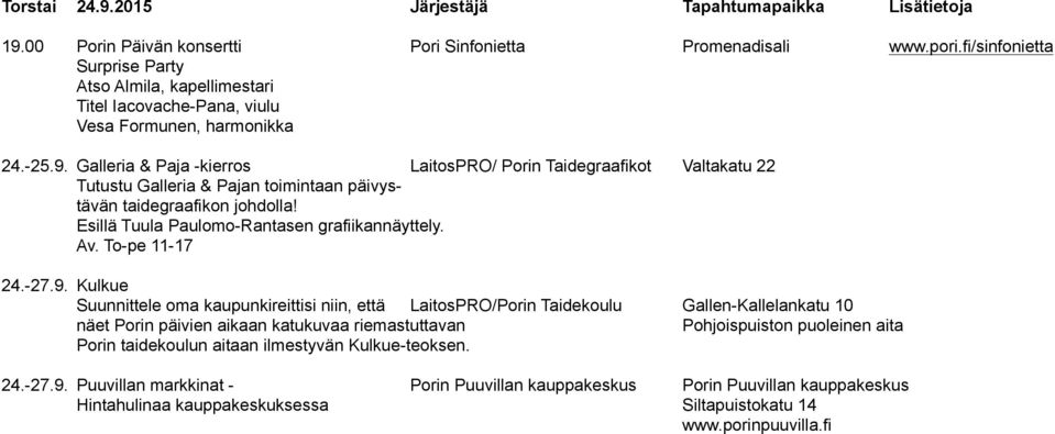 Galleria & Paja -kierros LaitosPRO/ Porin Taidegraafikot Valtakatu 22 Tutustu Galleria & Pajan toimintaan päivystävän taidegraafikon johdolla! Esillä Tuula Paulomo-Rantasen grafiikannäyttely. Av.