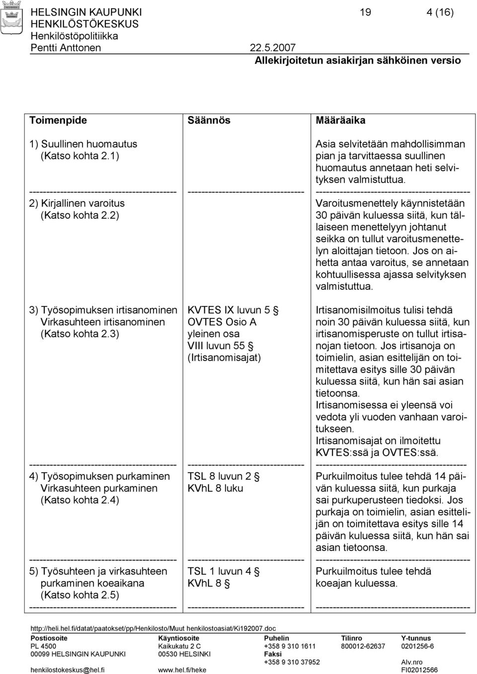 4) ------------------------------------------- 5) Työsuhteen ja virkasuhteen purkaminen koeaikana (Katso kohta 2.