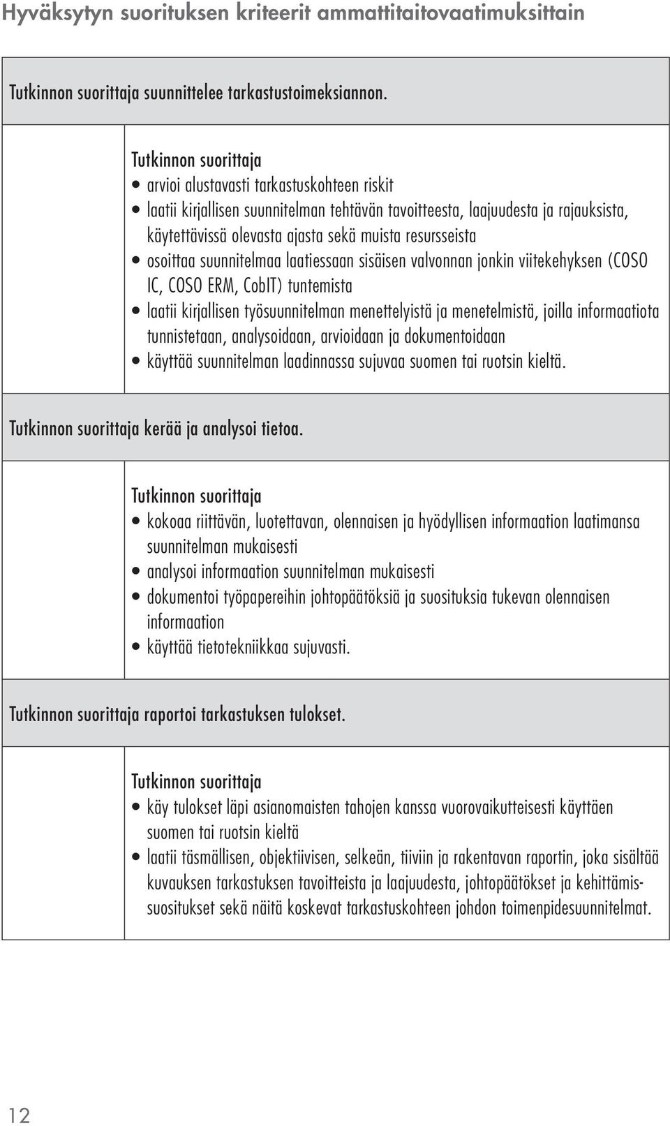 suunnitelmaa laatiessaan sisäisen valvonnan jonkin viitekehyksen (COSO IC, COSO ERM, CobIT) tuntemista laatii kirjallisen työsuunnitelman menettelyistä ja menetelmistä, joilla informaatiota