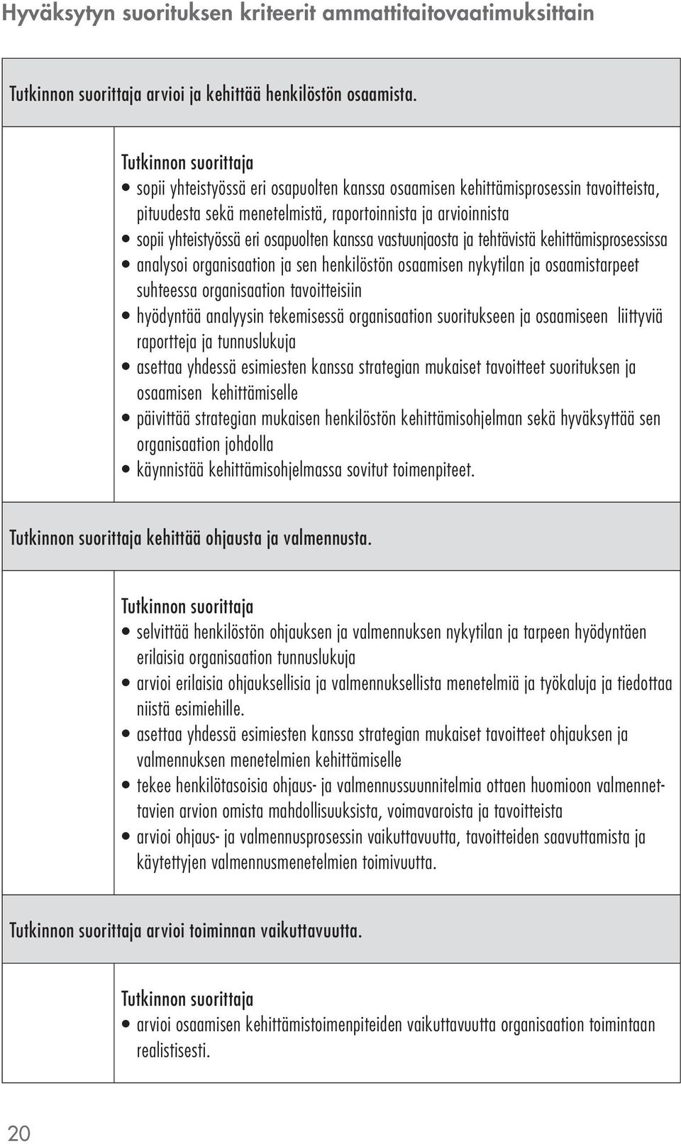 vastuunjaosta ja tehtävistä kehittämisprosessissa analysoi organisaation ja sen henkilöstön osaamisen nykytilan ja osaamistarpeet suhteessa organisaation tavoitteisiin hyödyntää analyysin tekemisessä