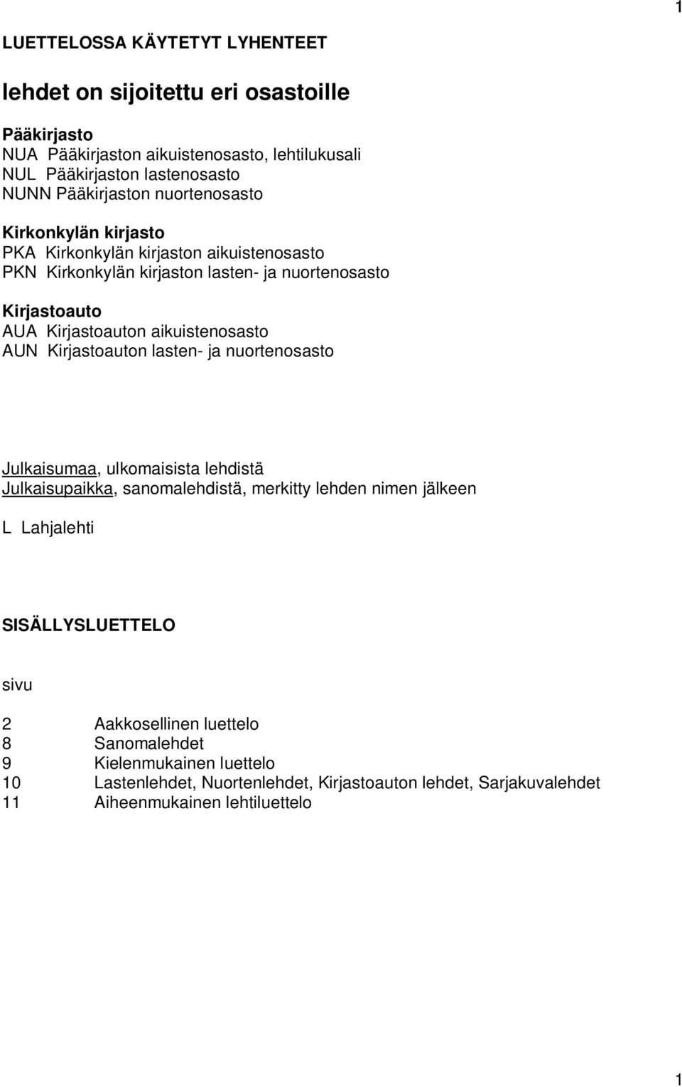 aikuistenosasto AUN Kirjastoauton lasten- ja nuortenosasto Julkaisumaa, ulkomaisista lehdistä Julkaisupaikka, sanomalehdistä, merkitty lehden nimen jälkeen L Lahjalehti