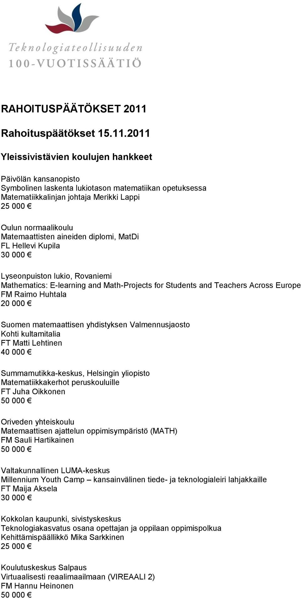 2011 Yleissivistävien koulujen hankkeet Päivölän kansanopisto Symbolinen laskenta lukiotason matematiikan opetuksessa Matematiikkalinjan johtaja Merikki Lappi 25 000 Oulun normaalikoulu