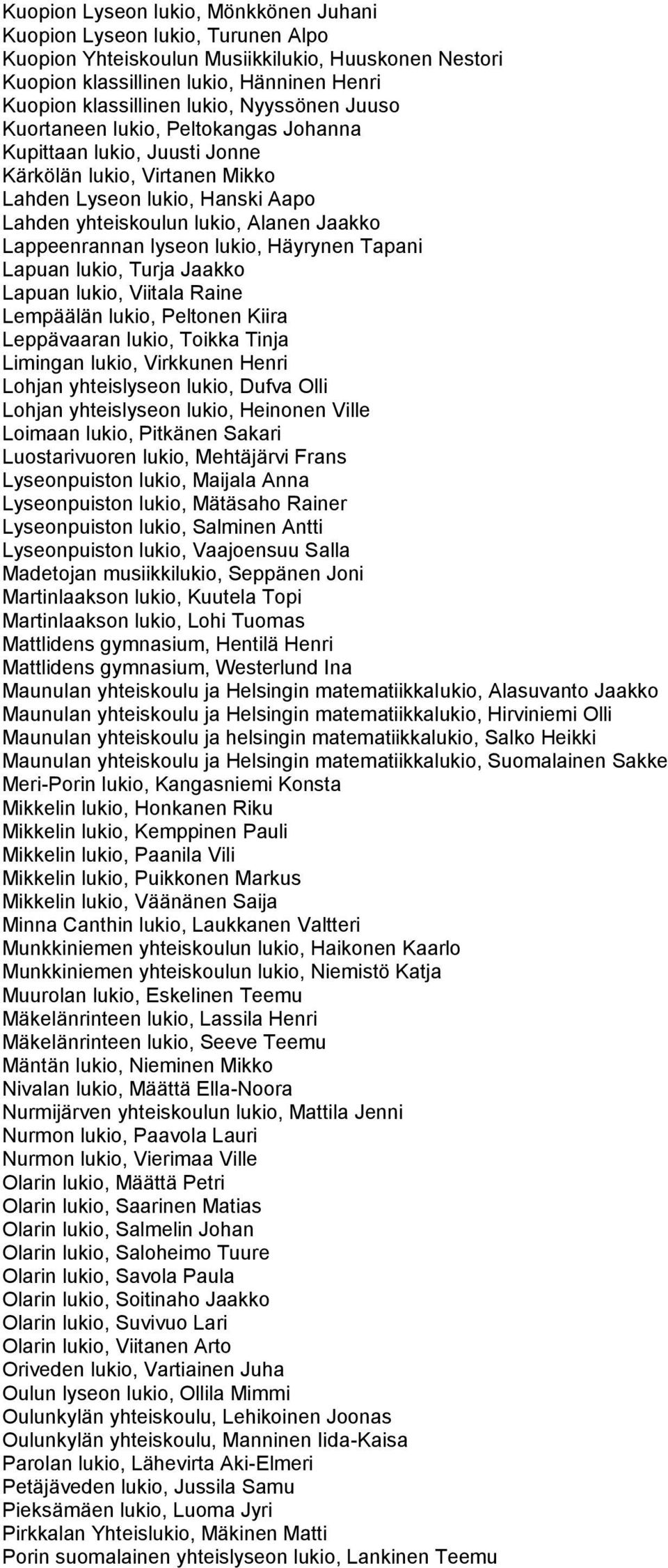 Lappeenrannan lyseon lukio, Häyrynen Tapani Lapuan lukio, Turja Jaakko Lapuan lukio, Viitala Raine Lempäälän lukio, Peltonen Kiira Leppävaaran lukio, Toikka Tinja Limingan lukio, Virkkunen Henri