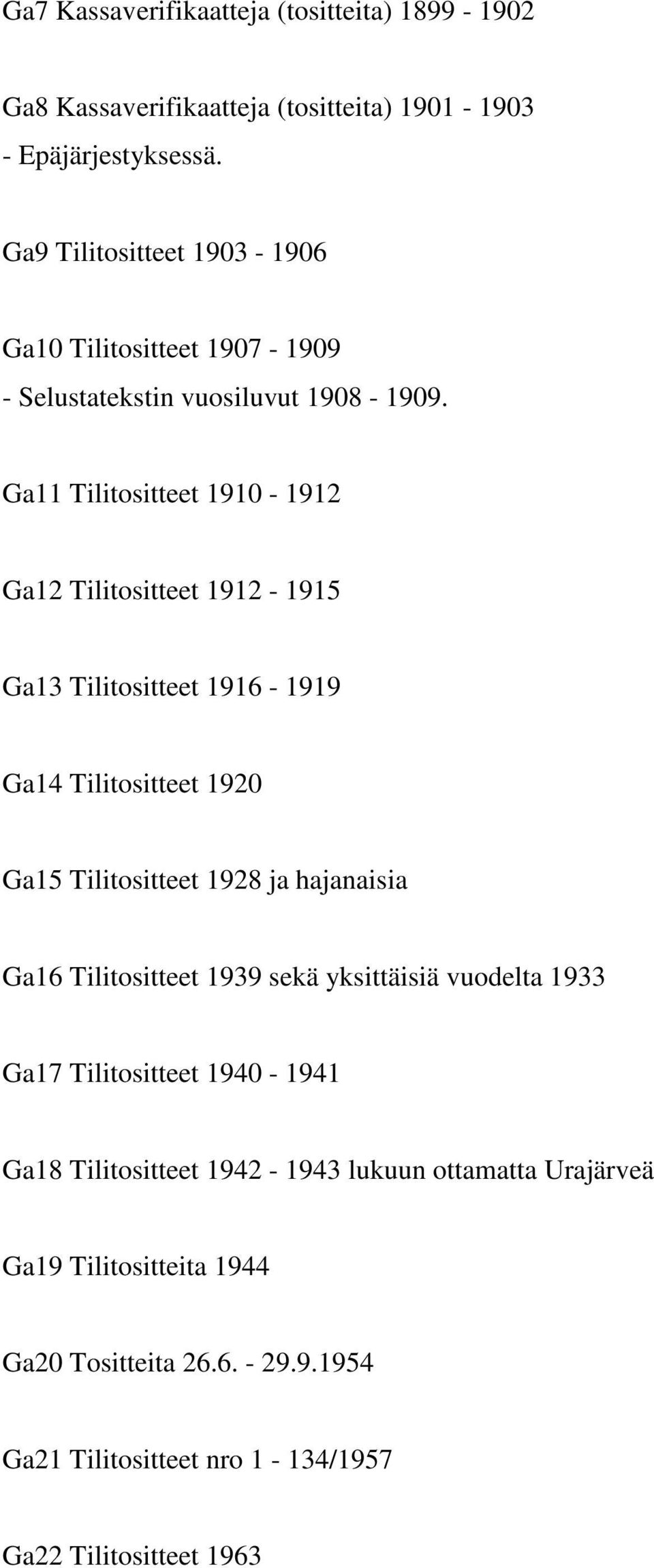 Ga11 Tilitositteet 1910-1912 Ga12 Tilitositteet 1912-1915 Ga13 Tilitositteet 1916-1919 Ga14 Tilitositteet 1920 Ga15 Tilitositteet 1928 ja hajanaisia Ga16