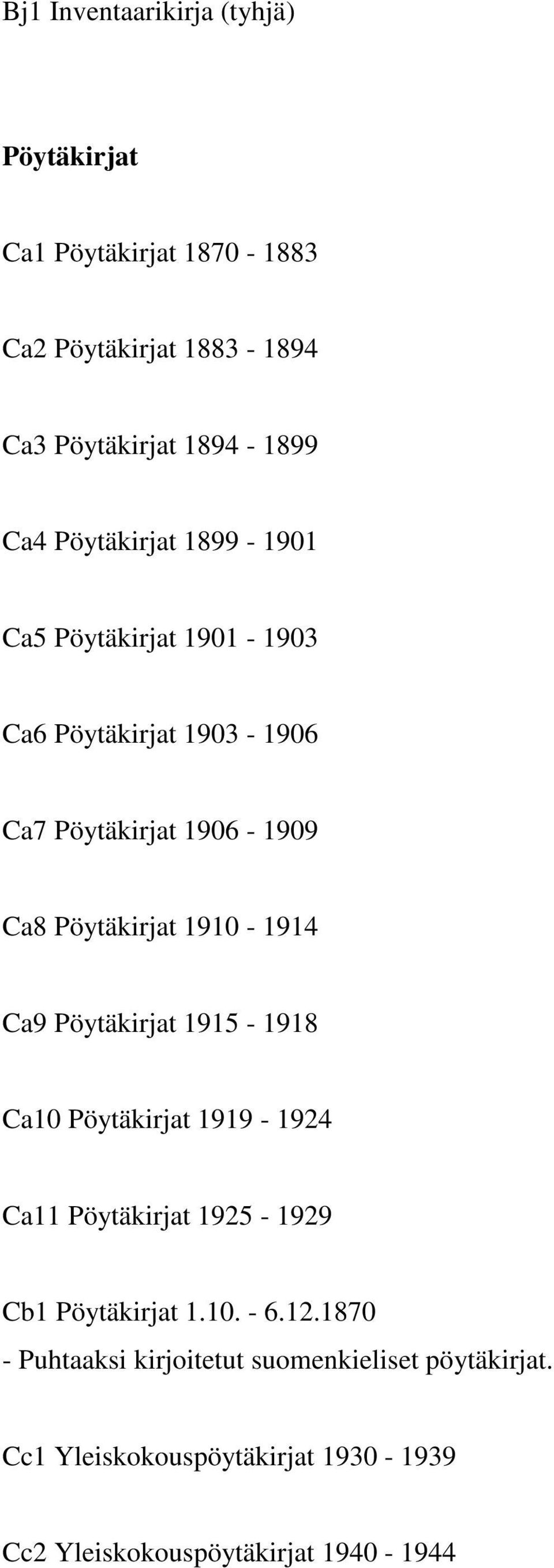 1910-1914 Ca9 Pöytäkirjat 1915-1918 Ca10 Pöytäkirjat 1919-1924 Ca11 Pöytäkirjat 1925-1929 Cb1 Pöytäkirjat 1.10. - 6.12.
