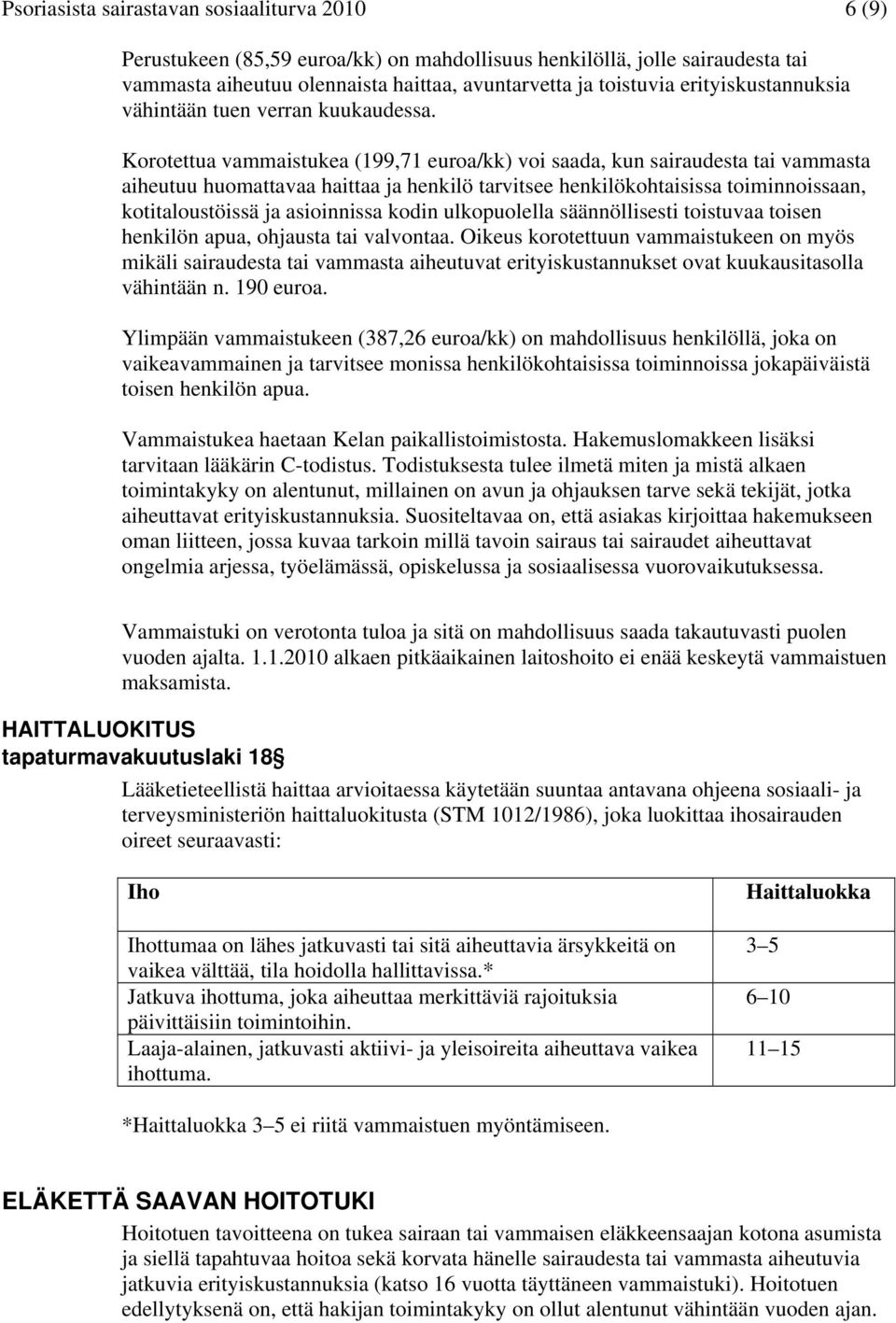 Korotettua vammaistukea (199,71 euroa/kk) voi saada, kun sairaudesta tai vammasta aiheutuu huomattavaa haittaa ja henkilö tarvitsee henkilökohtaisissa toiminnoissaan, kotitaloustöissä ja asioinnissa