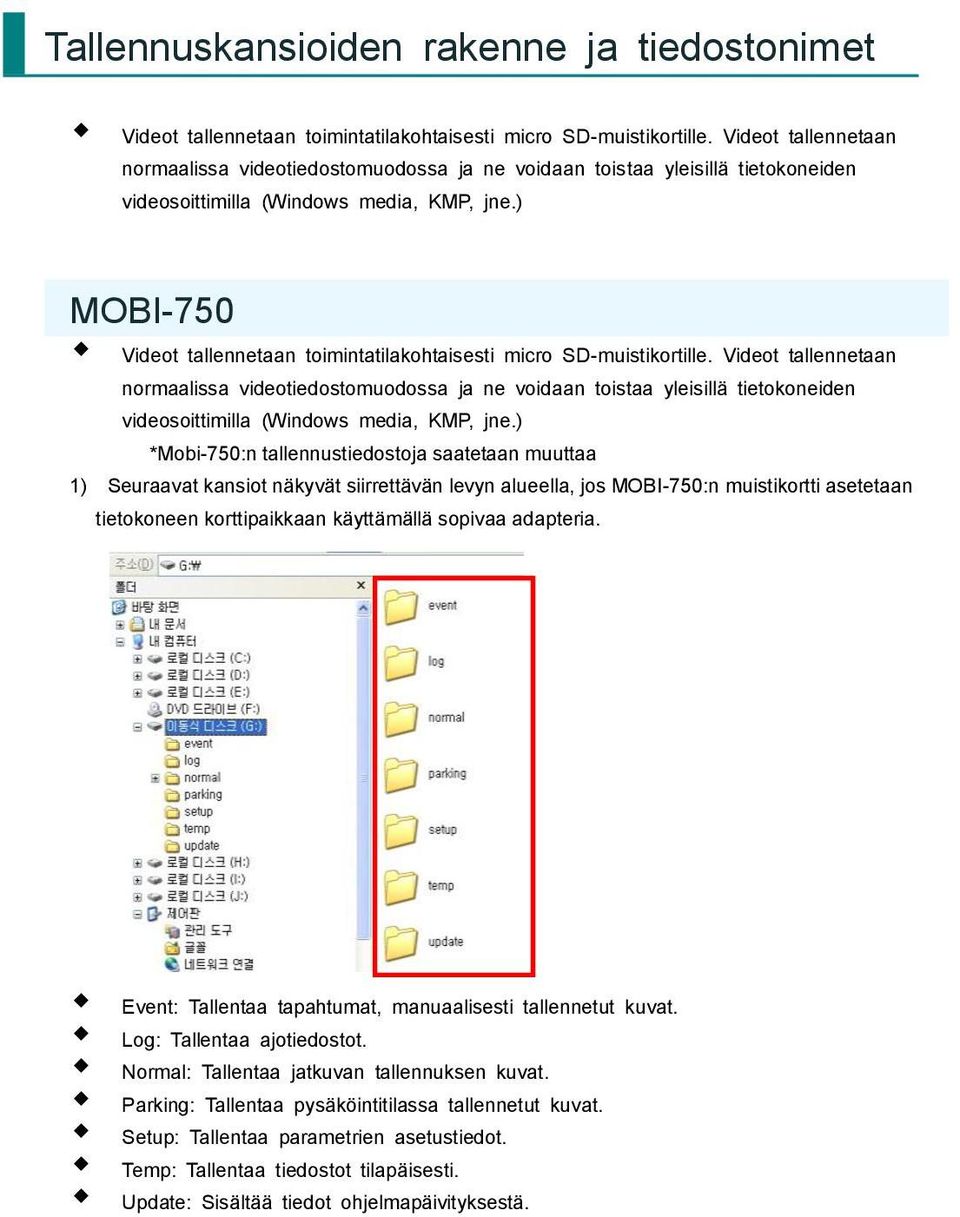 ) MOBI-750 Videot tallennetaan toimintatilakohtaisesti micro SD-muistikortille.