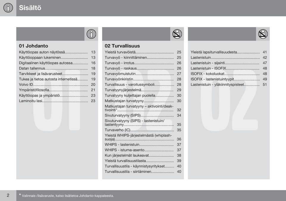 .. 28 Volvo ID... 20 Turvallisuus - varoitussymboli... 28 Ympäristöfilosofia... 21 Turvatyynyjärjestelmä... 29 Käyttöopas ja ympäristö... 23 Turvatyyny kuljettajan puolella... 30 Laminoitu lasi.