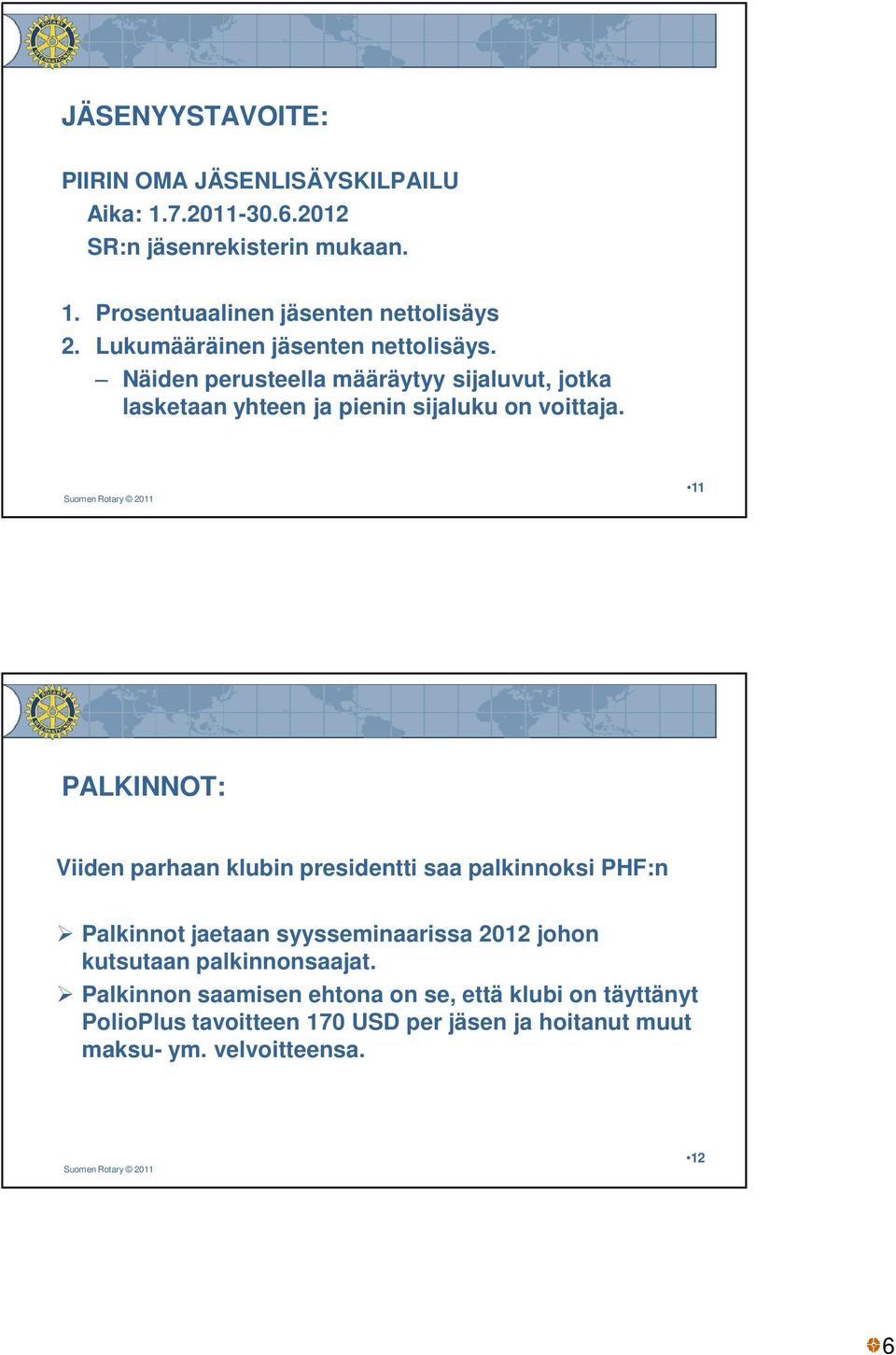 11 PALKINNOT: Viiden parhaan klubin presidentti saa palkinnoksi PHF:n Palkinnot jaetaan syysseminaarissa 2012 johon kutsutaan