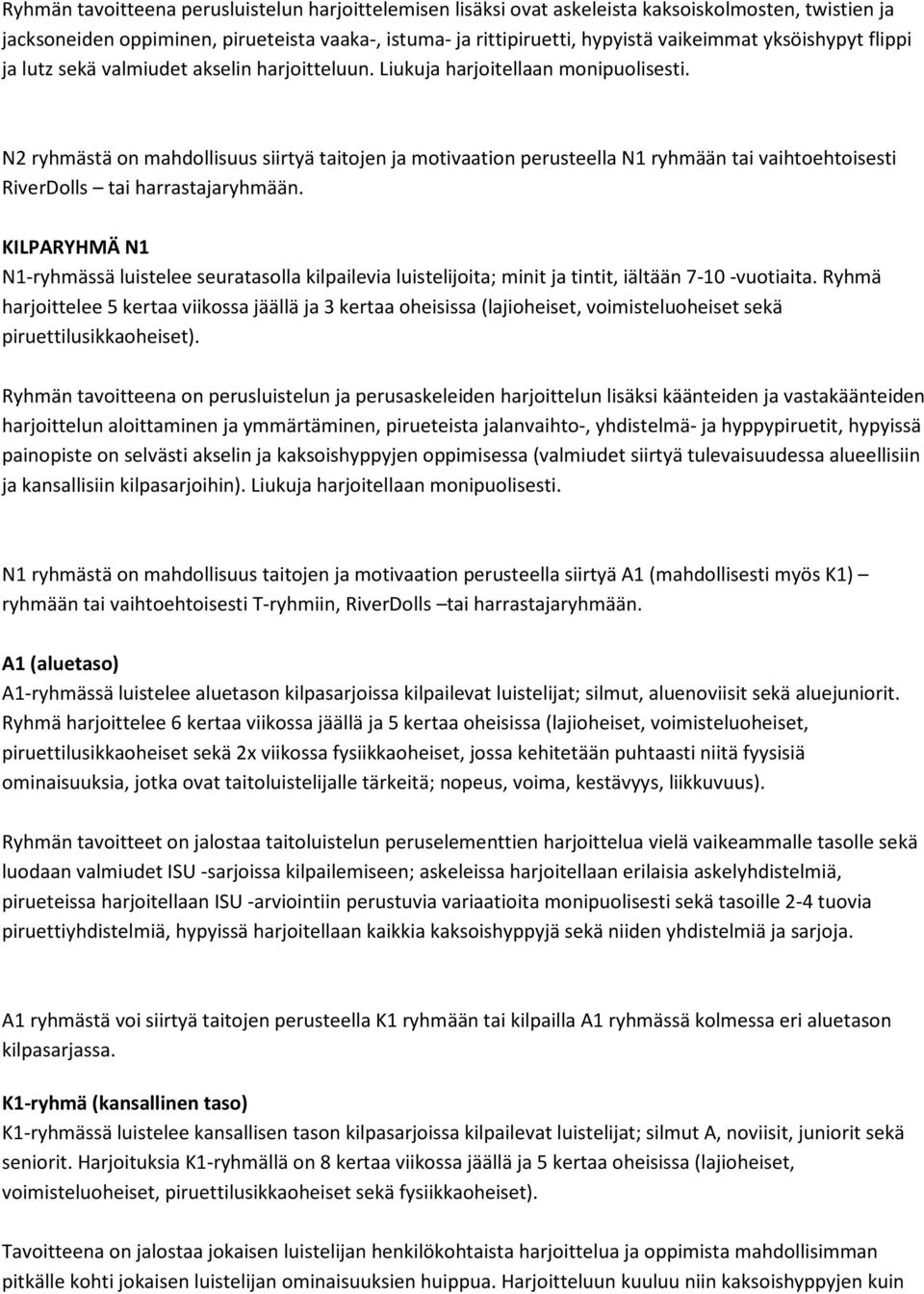 N2 ryhmästä on mahdollisuus siirtyä taitojen ja motivaation perusteella N1 ryhmään tai vaihtoehtoisesti RiverDolls tai harrastajaryhmään.