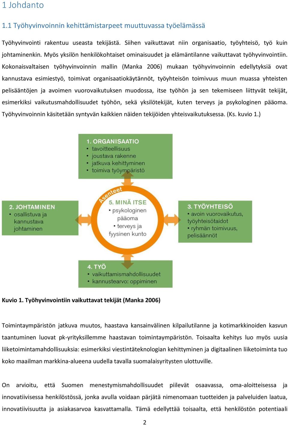 Kokonaisvaltaisen työhyvinvoinnin mallin (Manka 2006) mukaan työhyvinvoinnin edellytyksiä ovat kannustava esimiestyö, toimivat organisaatiokäytännöt, työyhteisön toimivuus muun muassa yhteisten