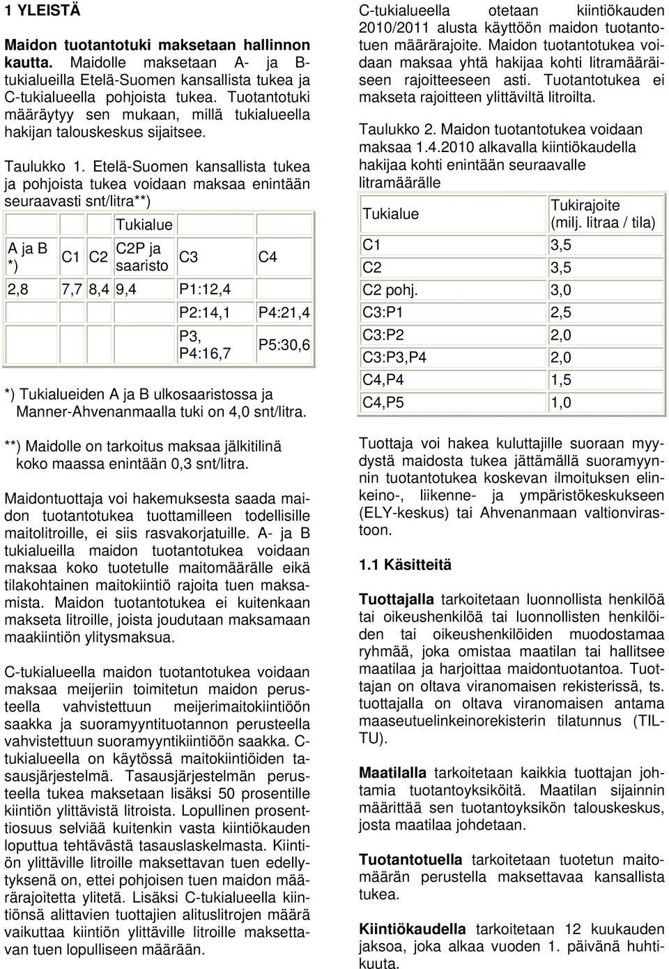 Etelä-Suomen kansallista tukea ja pohjoista tukea voidaan maksaa enintään seuraavasti snt/litra**) Tukialue A ja B *) C1 C2 C2P ja saaristo C3 2,8 7,7 8,4 9,4 P1:12,4 P2:14,1 P3, P4:16,7 C4 P4:21,4