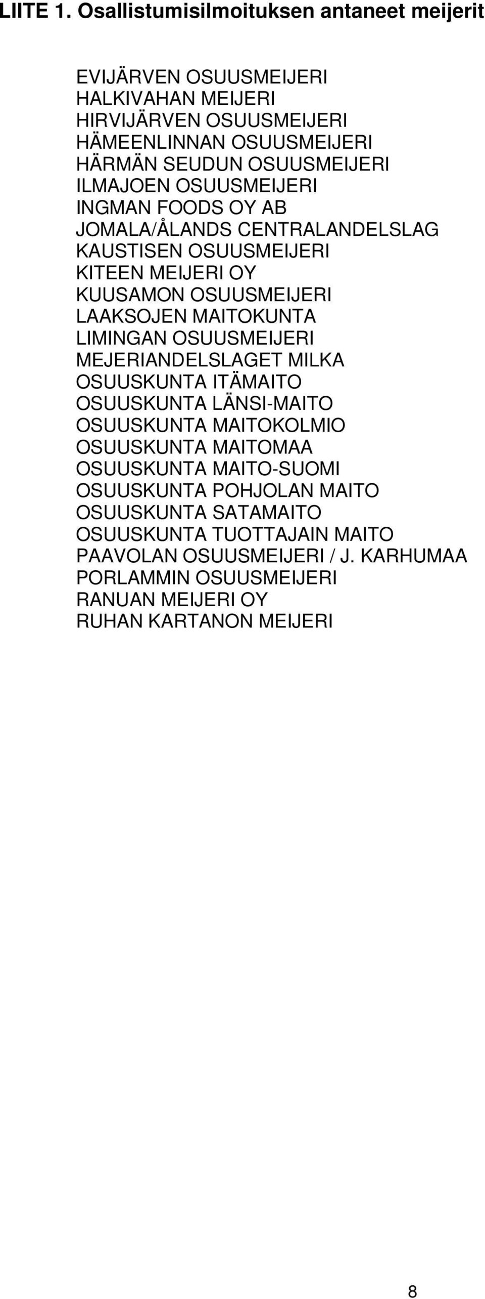 ILMAJOEN OSUUSMEIJERI INGMAN FOODS OY AB JOMALA/ÅLANDS CENTRALANDELSLAG KAUSTISEN OSUUSMEIJERI KITEEN MEIJERI OY KUUSAMON OSUUSMEIJERI LAAKSOJEN MAITOKUNTA LIMINGAN