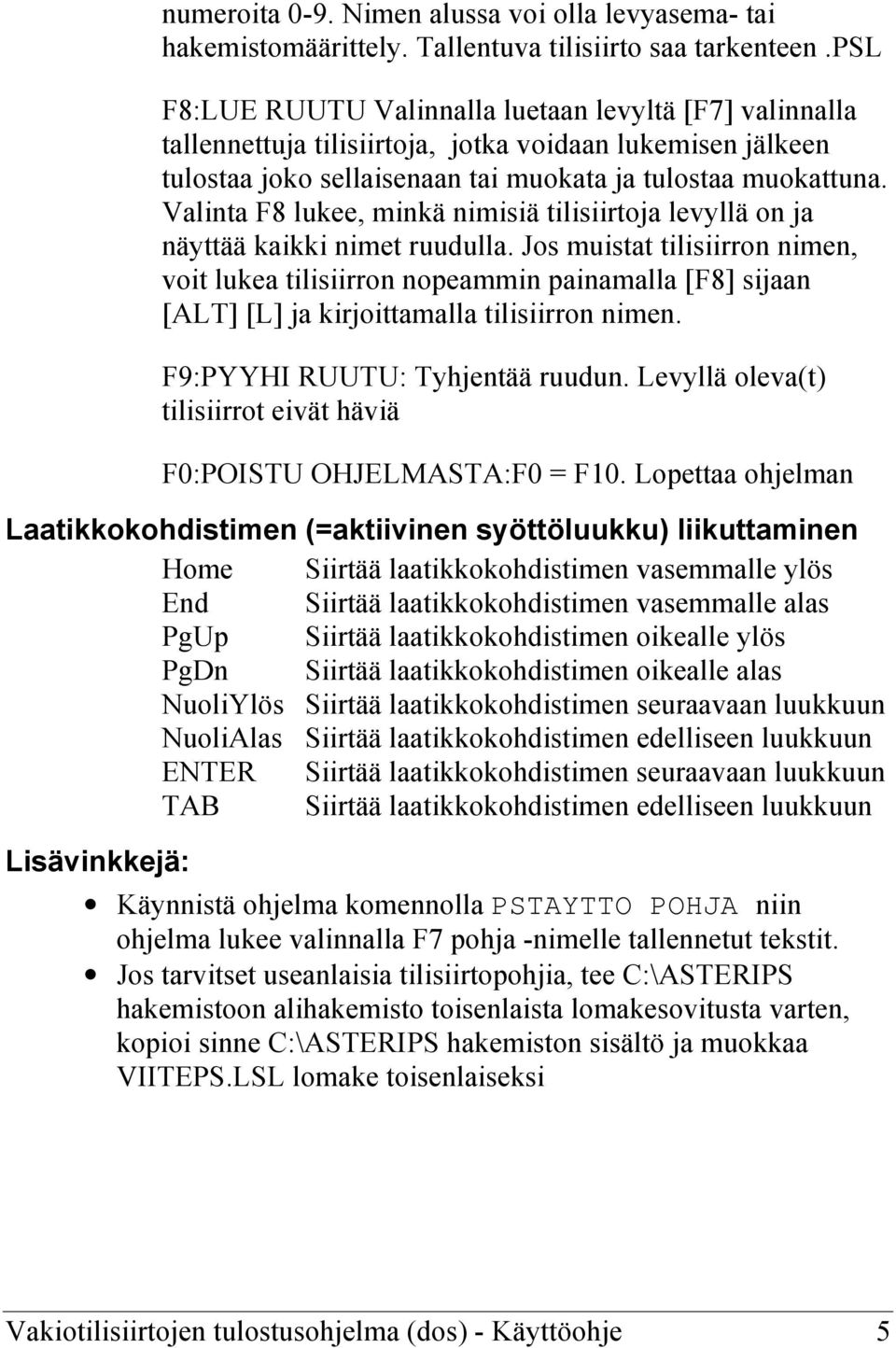 Valinta F8 lukee, minkä nimisiä tilisiirtoja levyllä on ja näyttää kaikki nimet ruudulla.