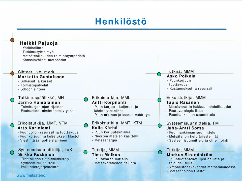 MMT, VTM Arto Kariniemi - Puuhuollon resurssit ja tuottavuus - Puunkorjuun ja kuljetuksen tilastot - Viestintä ja tuotteistaminen Systeemisuunnittelija, LuK Sirkka Keskinen - Tilastollinen