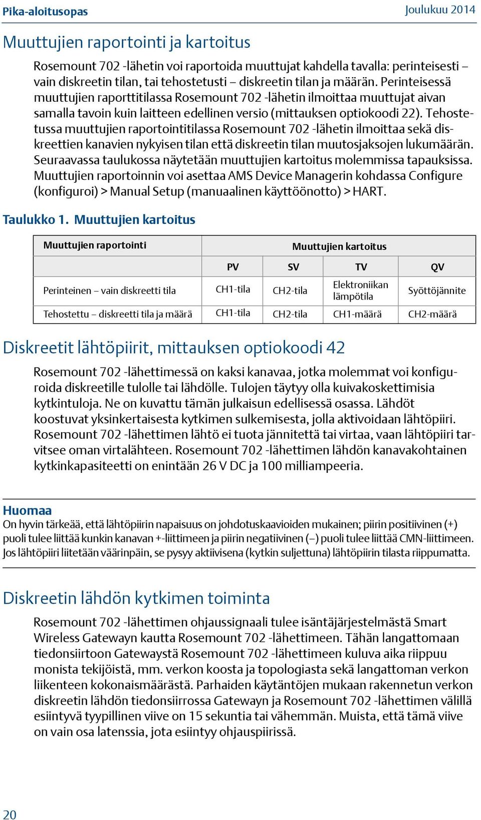 Tehostetussa muuttujien raportointitilassa Rosemount 702 -lähetin ilmoittaa sekä diskreettien kanavien nykyisen tilan että diskreetin tilan muutosjaksojen lukumäärän.