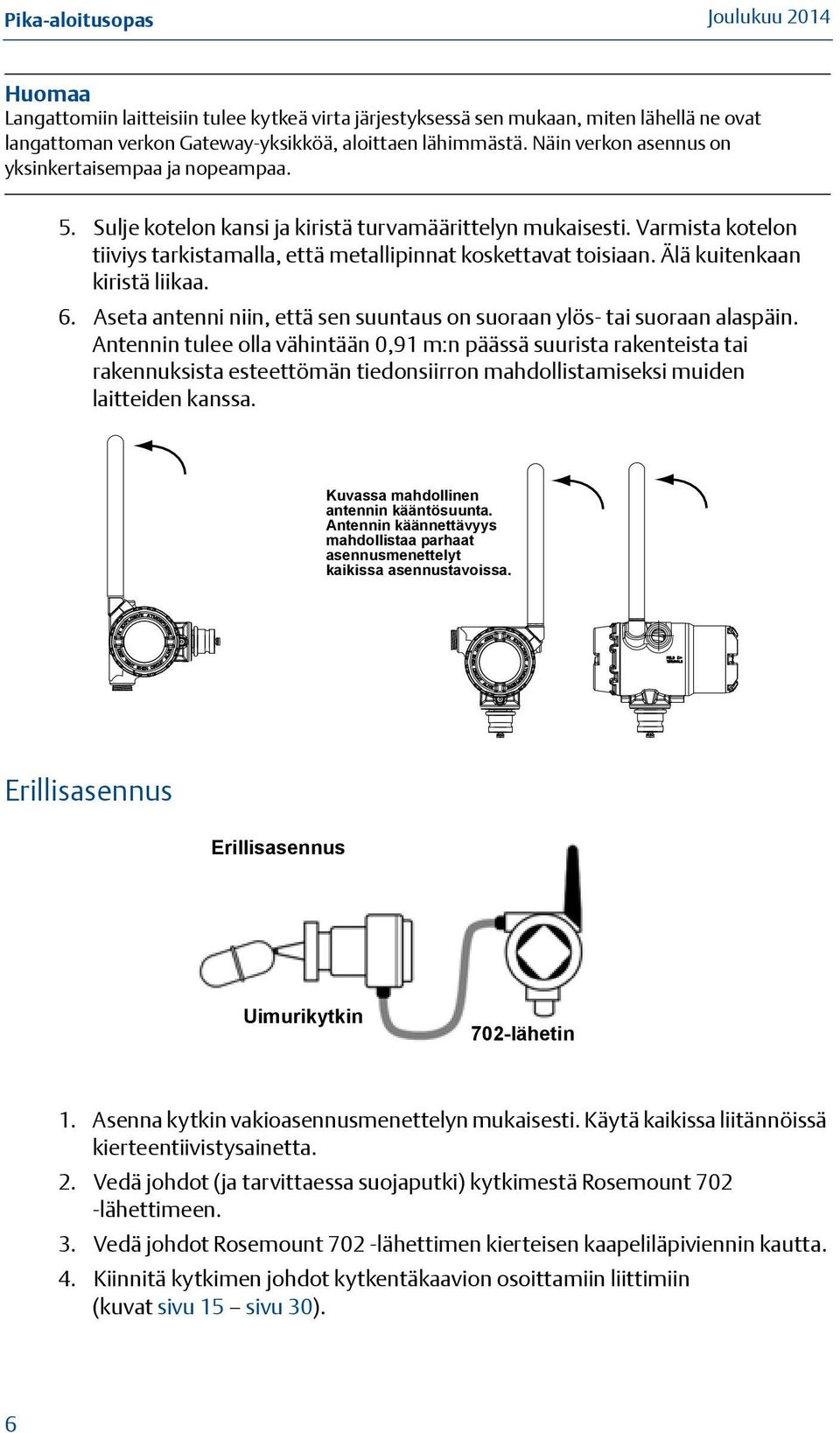 Älä kuitenkaan kiristä liikaa. 6. Aseta antenni niin, että sen suuntaus on suoraan ylös- tai suoraan alaspäin.