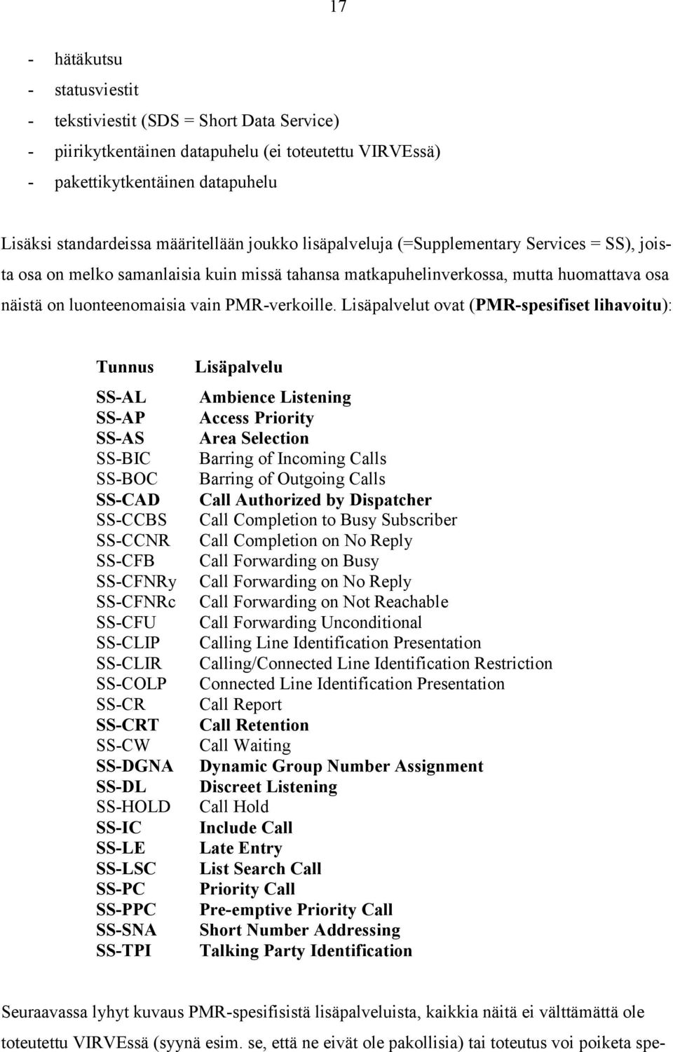 Lisäpalvelut ovat (PMR-spesifiset lihavoitu): Tunnus SS-AL SS-AP SS-AS SS-BIC SS-BOC SS-CAD SS-CCBS SS-CCNR SS-CFB SS-CFNRy SS-CFNRc SS-CFU SS-CLIP SS-CLIR SS-COLP SS-CR SS-CRT SS-CW SS-DGNA SS-DL