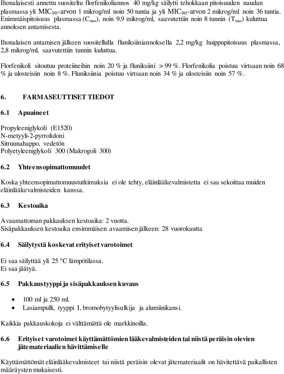 Ihonalaisen antamisen jälkeen suositellulla fluniksiiniannoksella 2,2 mg/kg huippupitoisuus plasmassa, 2,8 mikrog/ml, saavutettiin tunnin kuluttua.