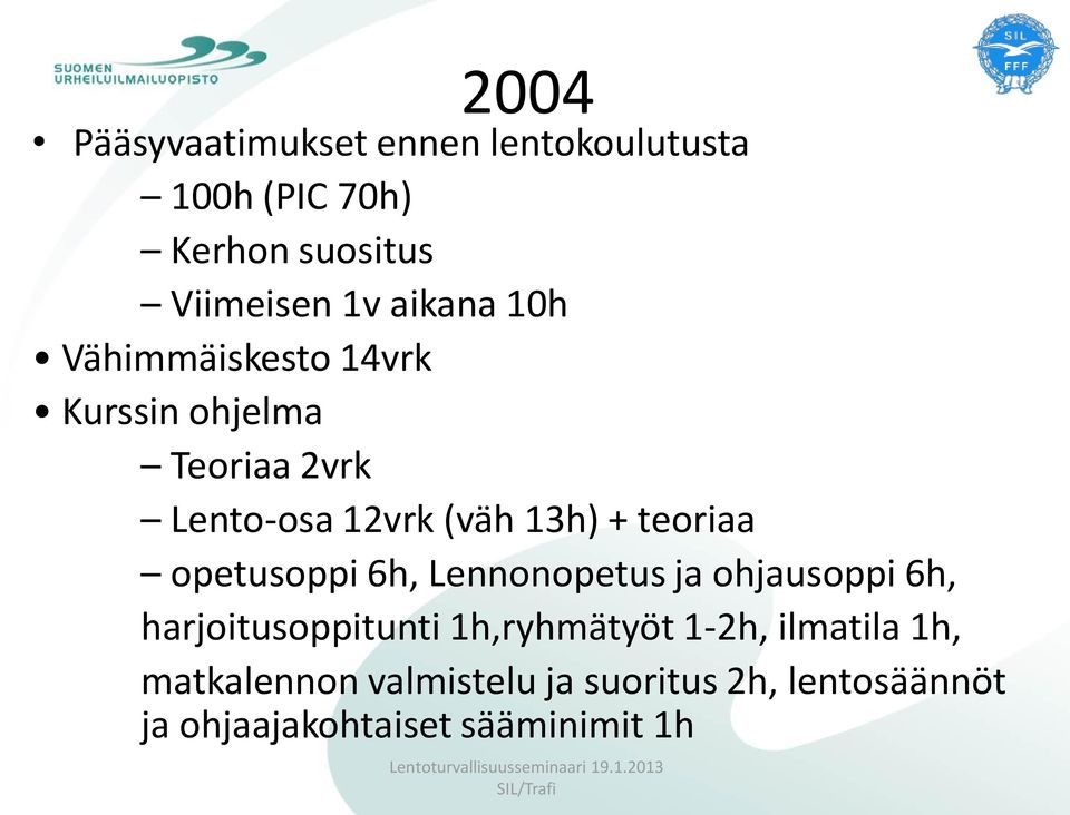 teoriaa opetusoppi 6h, Lennonopetus ja ohjausoppi 6h, harjoitusoppitunti 1h,ryhmätyöt 1-2h,