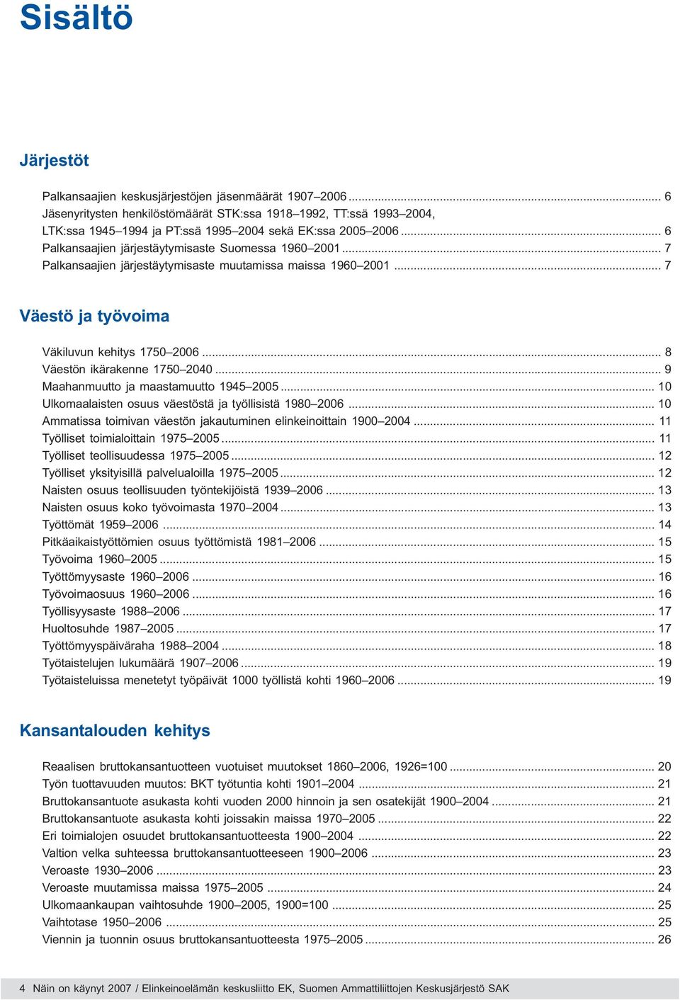 .. 7 Palkansaajien järjestäytymisaste muutamissa maissa 1960 2001... 7 Väestö ja työvoima Väkiluvun kehitys 1750 2006... 8 Väestön ikärakenne 1750 2040... 9 Maahanmuutto ja maastamuutto 1945 2005.
