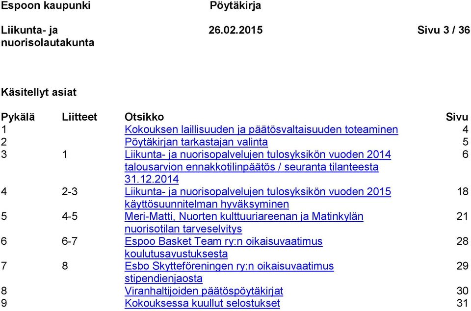 nuorisopalvelujen tulosyksikön vuoden 2014 6 talousarvion ennakkotilinpäätös / seuranta tilanteesta 31.12.