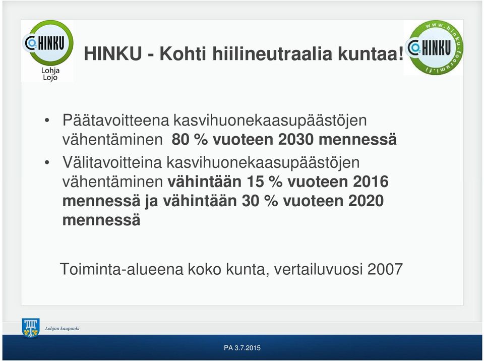 mennessä Välitavoitteina kasvihuonekaasupäästöjen vähentäminen vähintään