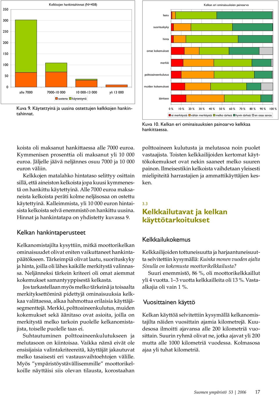 0 % 10 % 20 % 30 % 40 % 50 % 60 % 70 % 80 % 90 % 100 % ei merkitystä vähän merkitystä melko tärkeä hyvin tärkeä en osaa sanoa Kuva 10. Kelkan eri ominaisuuksien painoarvo kelkkaa hankittaessa.