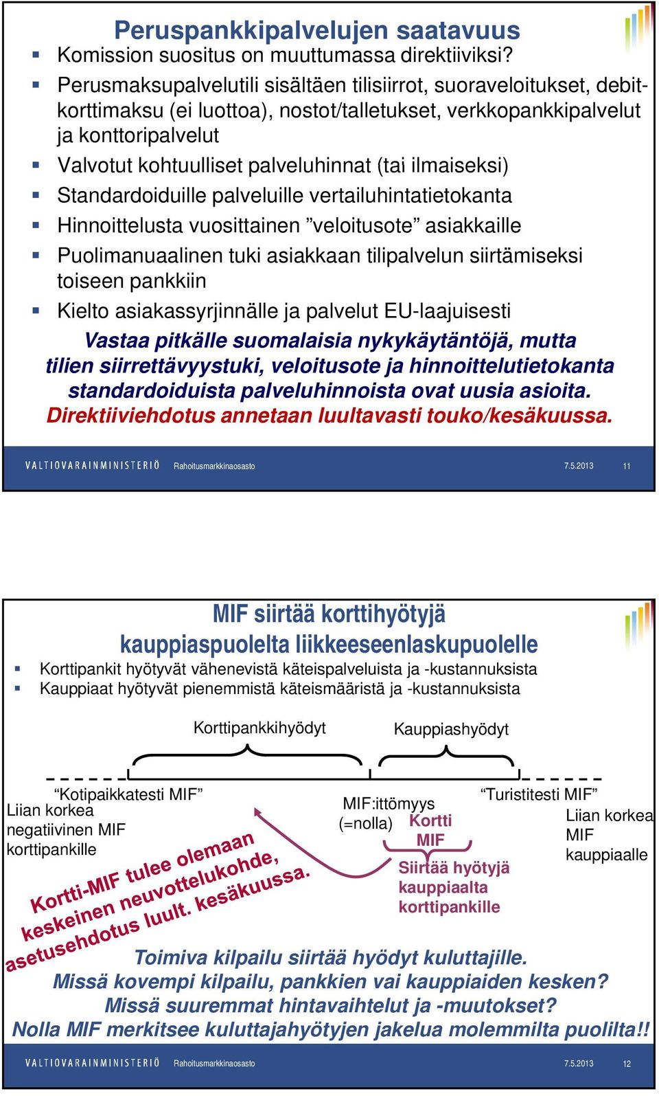 ilmaiseksi) Standardoiduille palveluille vertailuhintatietokanta Hinnoittelusta vuosittainen veloitusote asiakkaille Puolimanuaalinen tuki asiakkaan tilipalvelun siirtämiseksi toiseen pankkiin Kielto