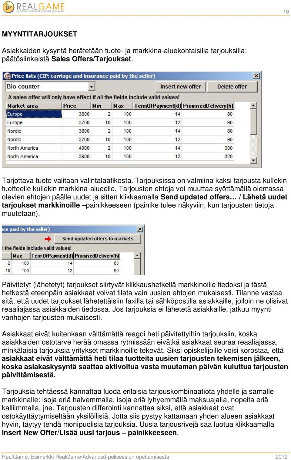 Tarjousten ehtoja voi muuttaa syöttämällä olemassa olevien ehtojen päälle uudet ja sitten klikkaamalla Send updated offers / Lähetä uudet tarjoukset markkinoille painikkeeseen (painike tulee