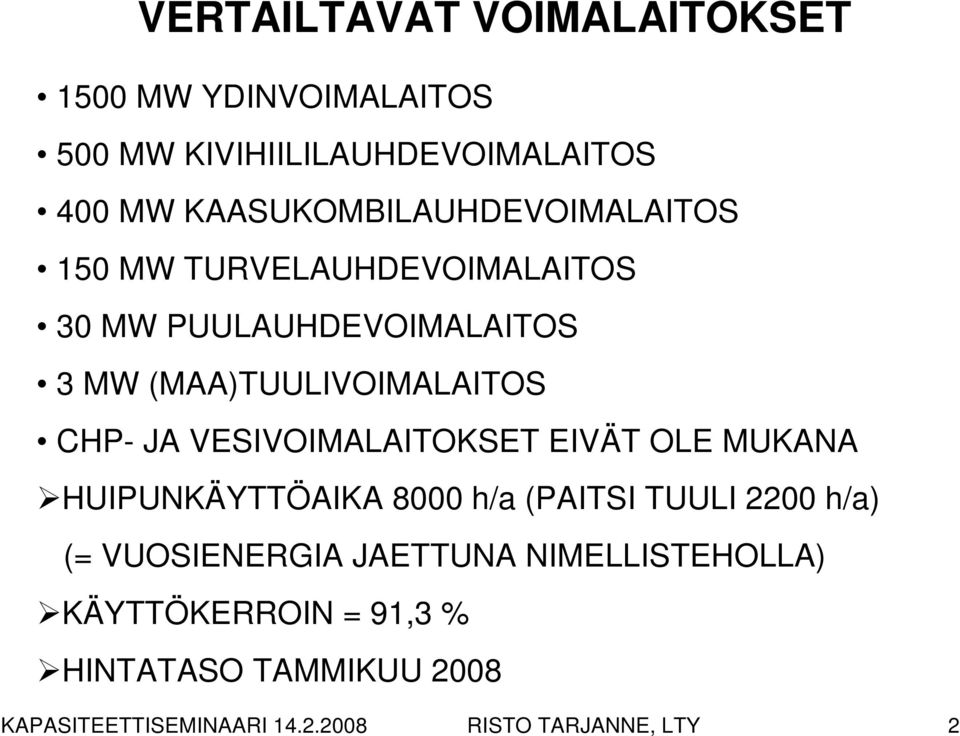 (MAA)TUULIVOIMALAITOS CHP- JA VESIVOIMALAITOKSET EIVÄT OLE MUKANA HUIPUNKÄYTTÖAIKA 8000 h/a (PAITSI TUULI 2200