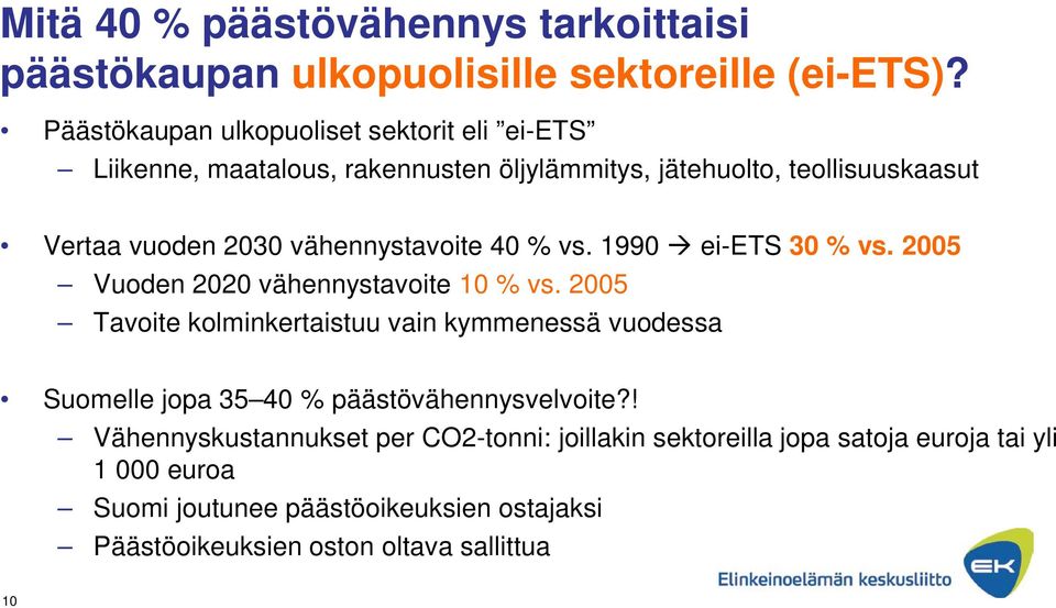 vähennystavoite 40 % vs. 1990 ei-ets 30 % vs. 2005 Vuoden 2020 vähennystavoite 10 % vs.