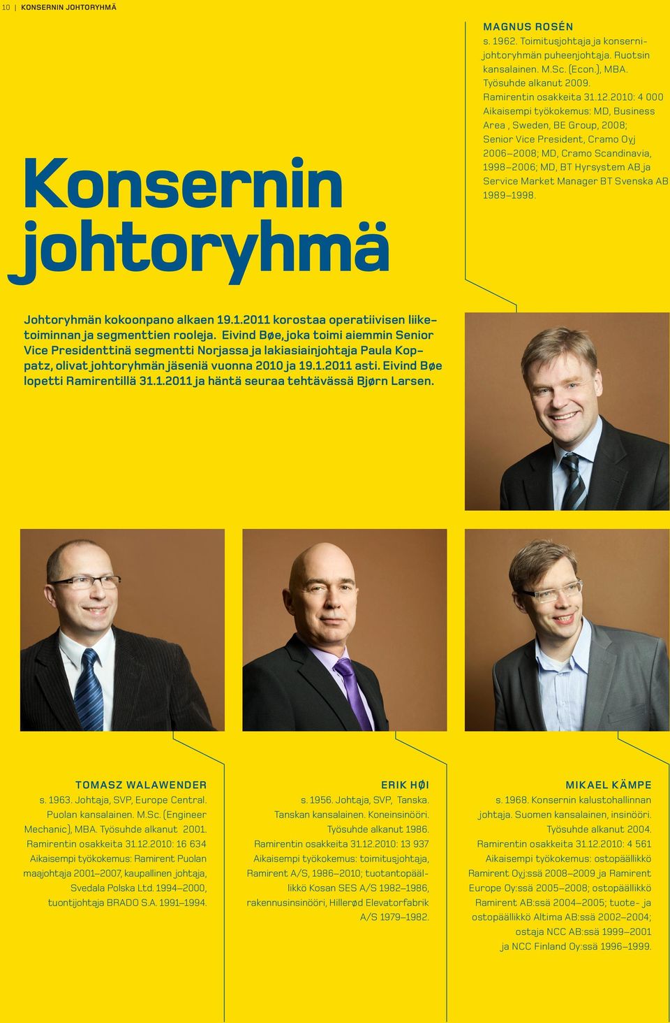 2010: 4 000 Aikaisempi työkokemus: MD, Business Area, Sweden, BE Group, 2008; Senior Vice President, Cramo Oyj 2006 2008; MD, Cramo Scandinavia, 1998 2006; MD, BT Hyrsystem AB ja Service Market
