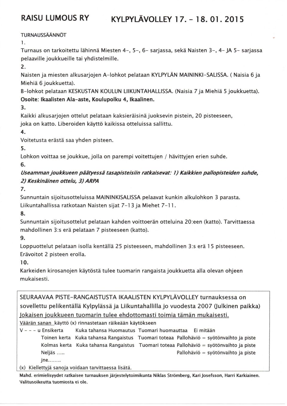 (Naisia 7Ja Miehia 5 Joukkuetta). Osoite: Ikaalisten Ala-aste, Koulupoiku 4, Ikaaiinen. 3. Kaikki alkusarjojen ottelut pelataan kaksieraisinajuoksevin pistein, 20 pisteeseen, Joka on katto.