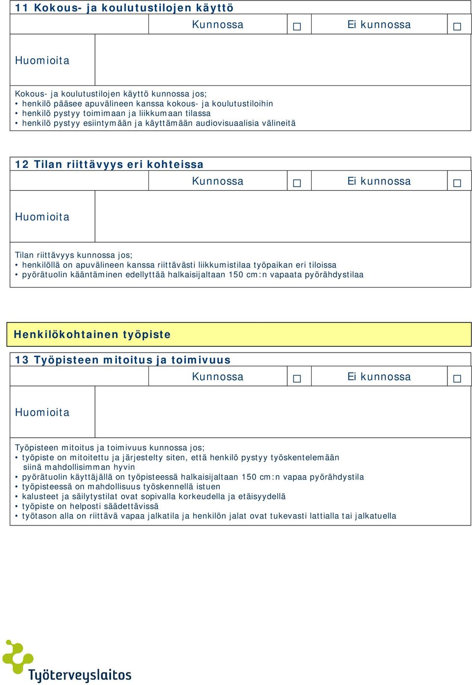 työpaikan eri tiloissa pyörätuolin kääntäminen edellyttää halkaisijaltaan 150 cm:n vapaata pyörähdystilaa Henkilökohtainen työpiste 13 Työpisteen mitoitus ja toimivuus Työpisteen mitoitus ja