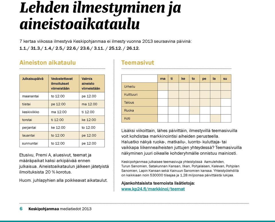 00 ti 12.00 torstai ti 12.00 ke 12.00 Urheilu Kulttuuri Talous Ruoka Koti ma ti ke to pe la su perjantai ke 12.00 to 12.00 lauantai to 12.00 pe 12.