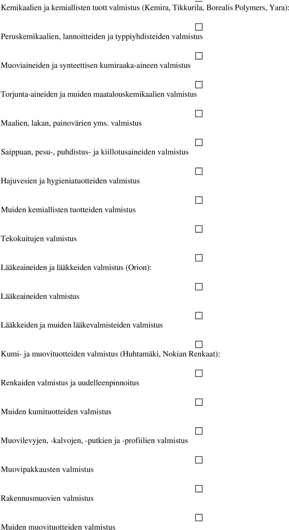 valmistus Saippuan, pesu-, puhdistus- ja kiillotusaineiden valmistus Hajuvesien ja hygieniatuotteiden valmistus Muiden kemiallisten tuotteiden valmistus Tekokuitujen valmistus Lääkeaineiden ja