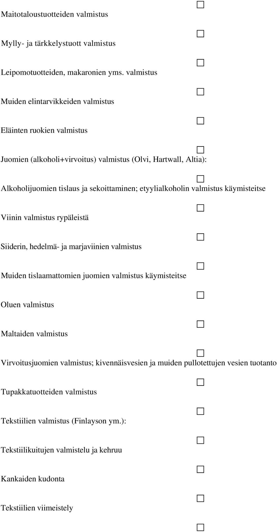 etyylialkoholin valmistus käymisteitse Viinin valmistus rypäleistä Siiderin, hedelmä- ja marjaviinien valmistus Muiden tislaamattomien juomien valmistus käymisteitse Oluen