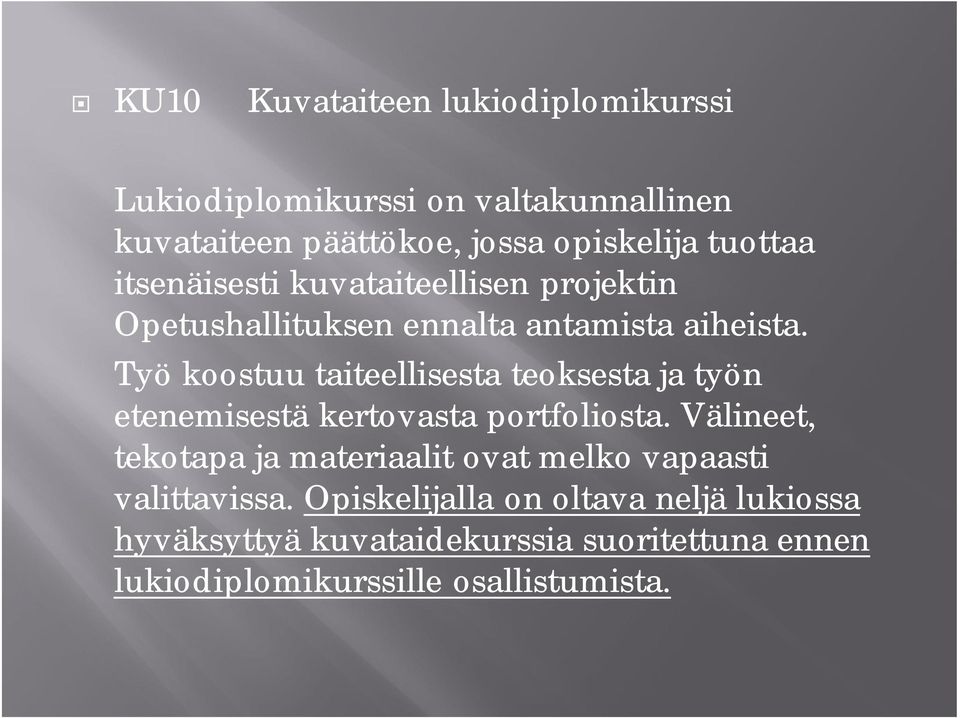 Työ koostuu taiteellisesta teoksesta ja työn etenemisestä kertovasta portfoliosta.