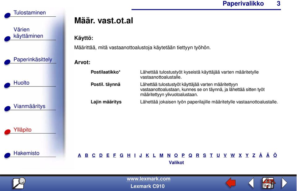 Lähettää tulostustyöt käyttäjää varten määritettyyn vastaanottoalustaan, kunnes se on täynnä, ja lähettää