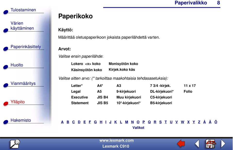 koko käs Valitse sitten arvo: (* tarkoittaa maakohtaisia tehdasasetuksia): Letter* A4* A3 7 3/4