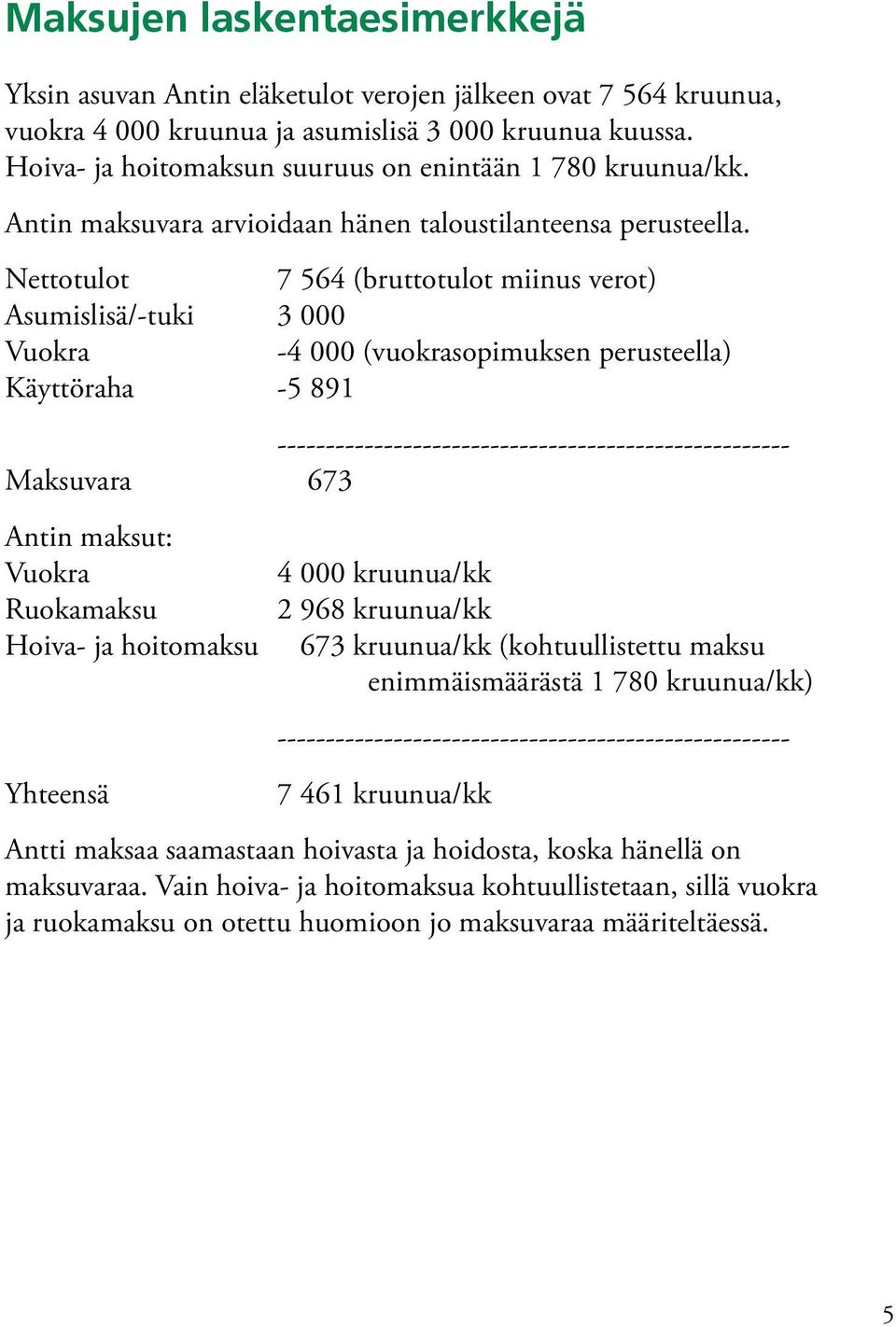 Nettotulot 7 564 (bruttotulot miinus verot) Asumislisä/-tuki 3 000 Vuokra -4 000 (vuokrasopimuksen perusteella) Käyttöraha -5 891 ----------------------------------------------------- Maksuvara 673