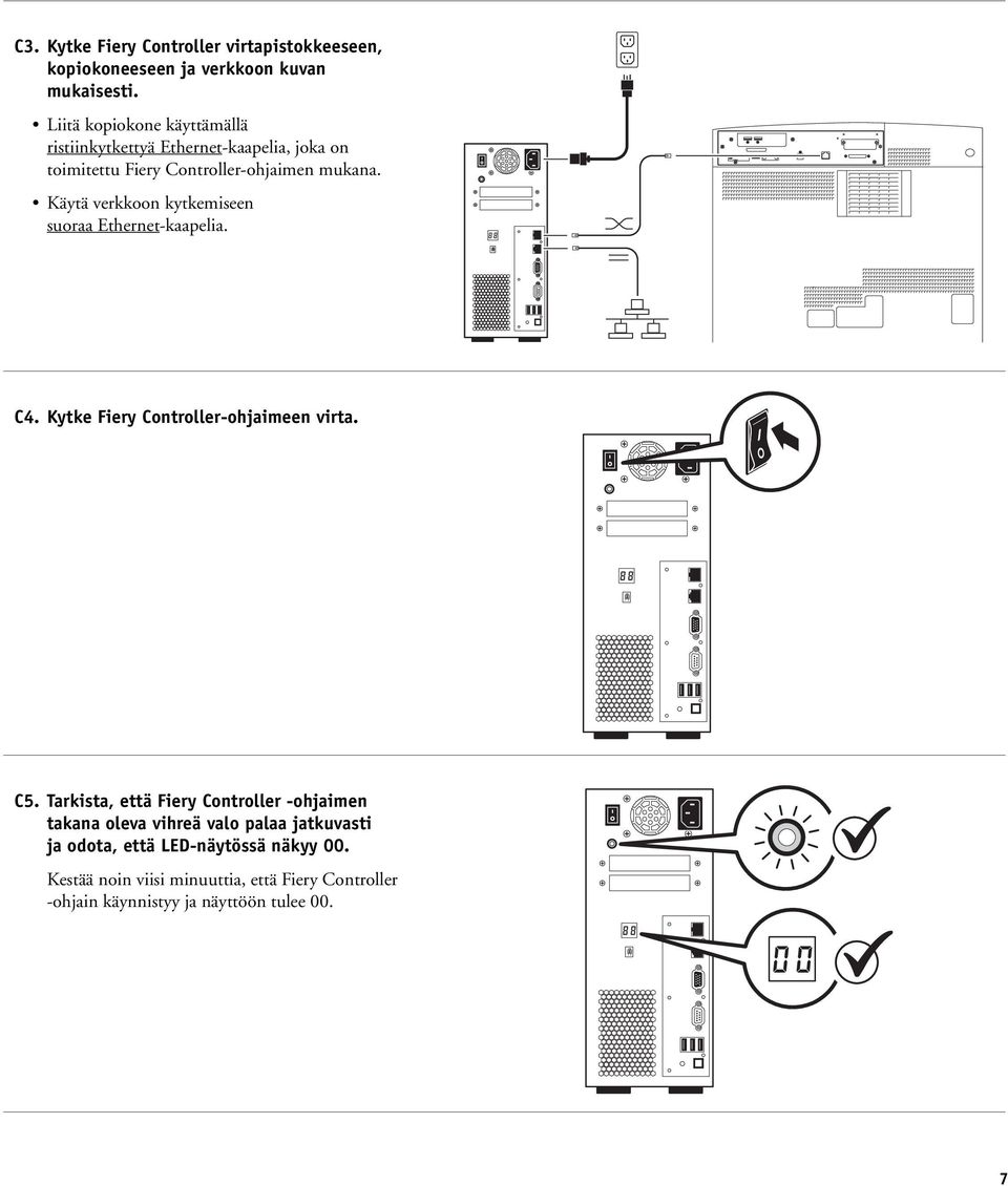 Käytä verkkoon kytkemiseen suoraa Ethernet-kaapelia. C4. Kytke Fiery Controller-ohjaimeen virta. C5.