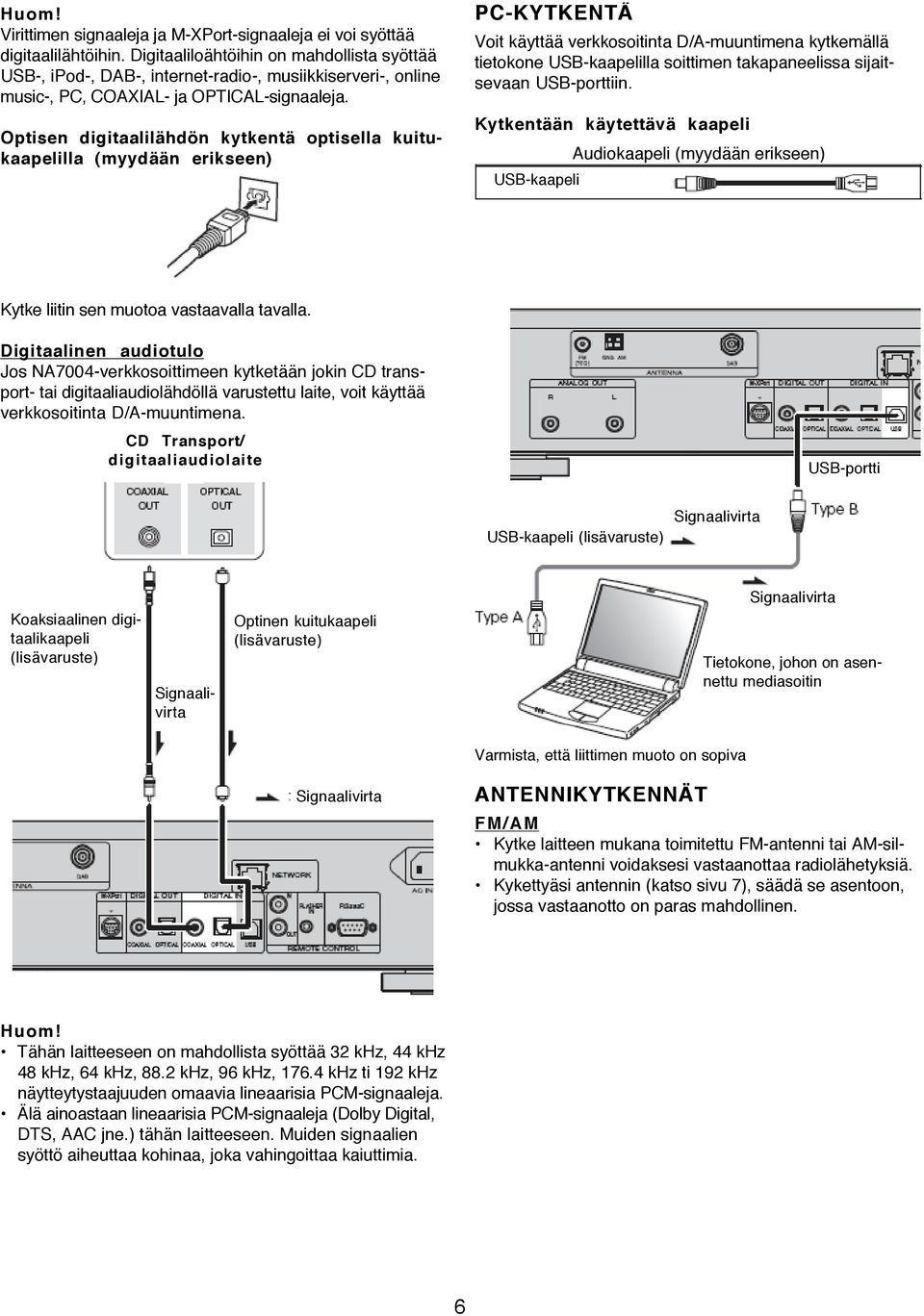 Optisen digitaalilähdön kytkentä optisella kuitukaapelilla (myydään erikseen) PC-KYTKENTÄ Voit käyttää verkkosoitinta D/A-muuntimena kytkemällä tietokone USB-kaapelilla soittimen takapaneelissa